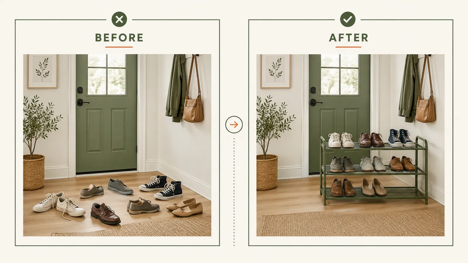 Before-and-after split showing a cluttered entryway floor covered in shoes versus the same space with a shoe rack installed