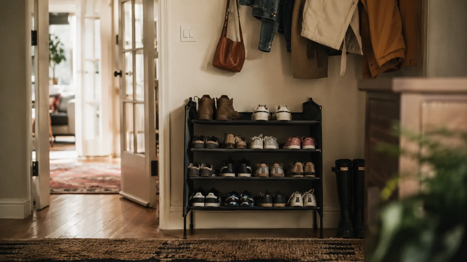Family entryway with a freestanding shoe rack holding children's and adult shoes, coat hooks on the wall above