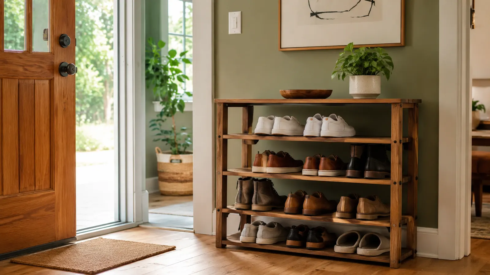 Calm, tidy entryway with a neat shoe rack holding six pairs of shoes beside a front door with natural light coming through