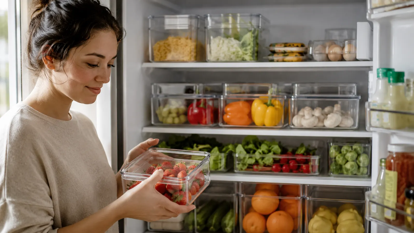 Neatly organized refrigerator shelves with clear bins holding produce, snacks, and meal prep containers