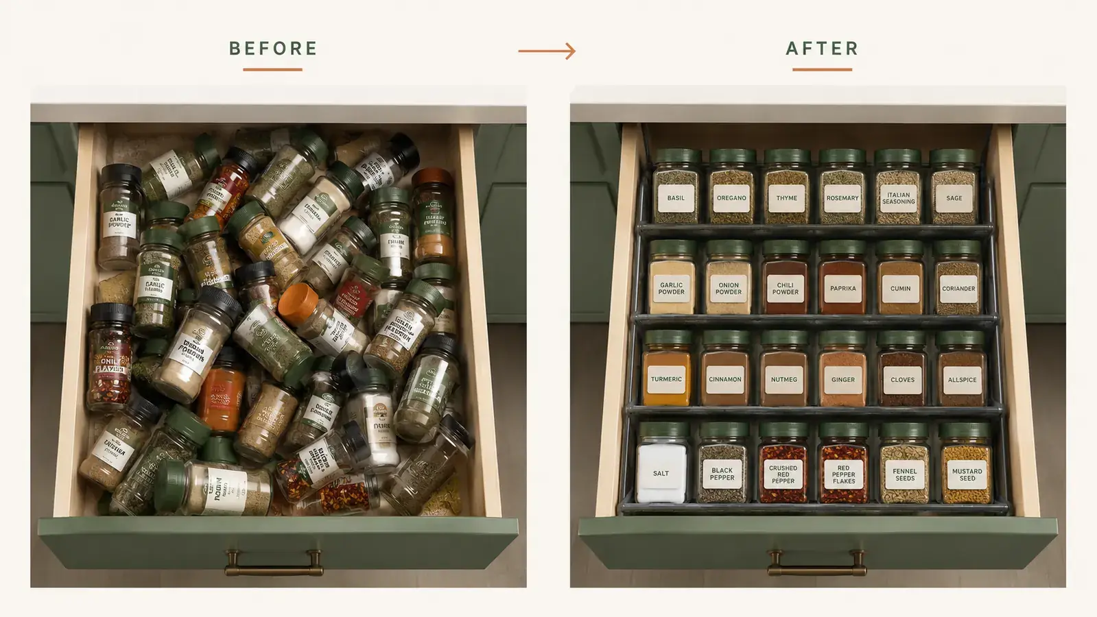 Before and after split of a messy spice drawer versus the same drawer neatly organized with a tiered rack