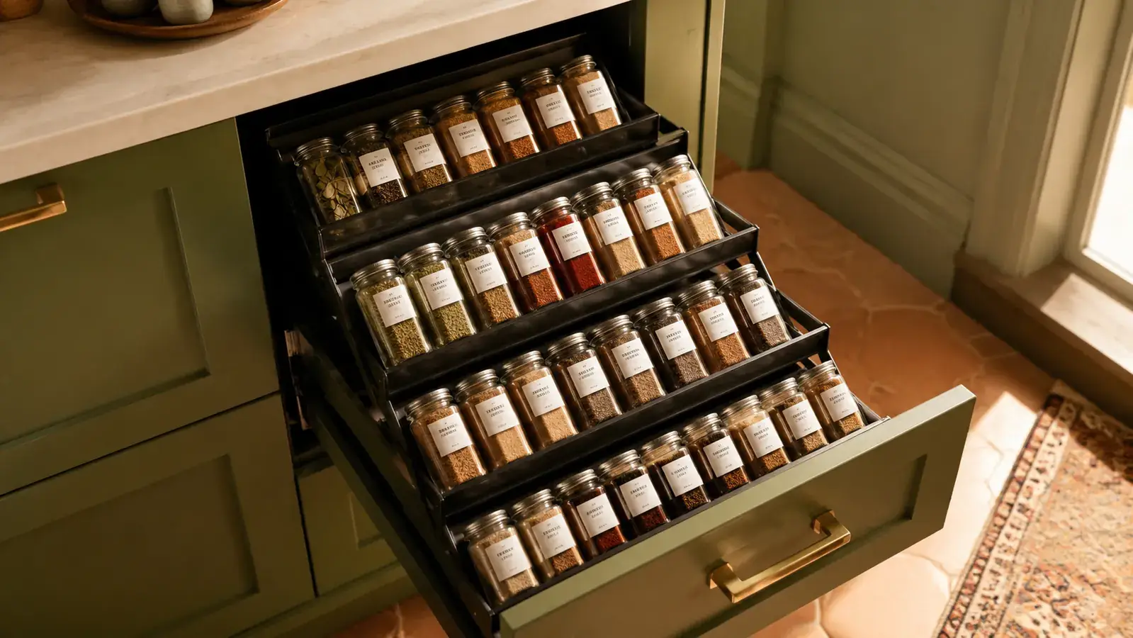 Open kitchen drawer showing spices organized in a tiered steel rack, labels facing up in warm morning light