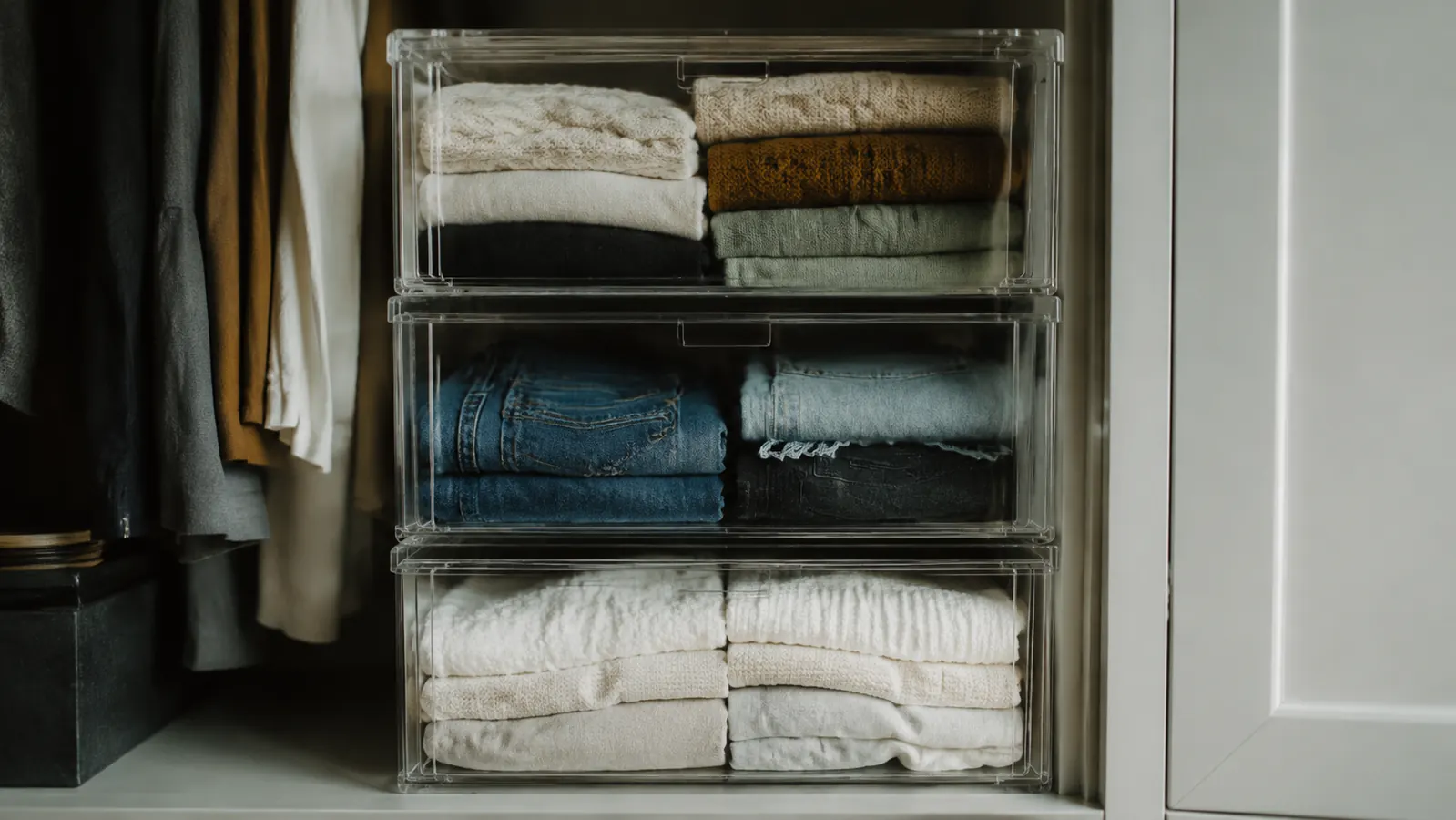 Side view of three clear stackable storage bins stacked on top of each other showing contents through transparent walls