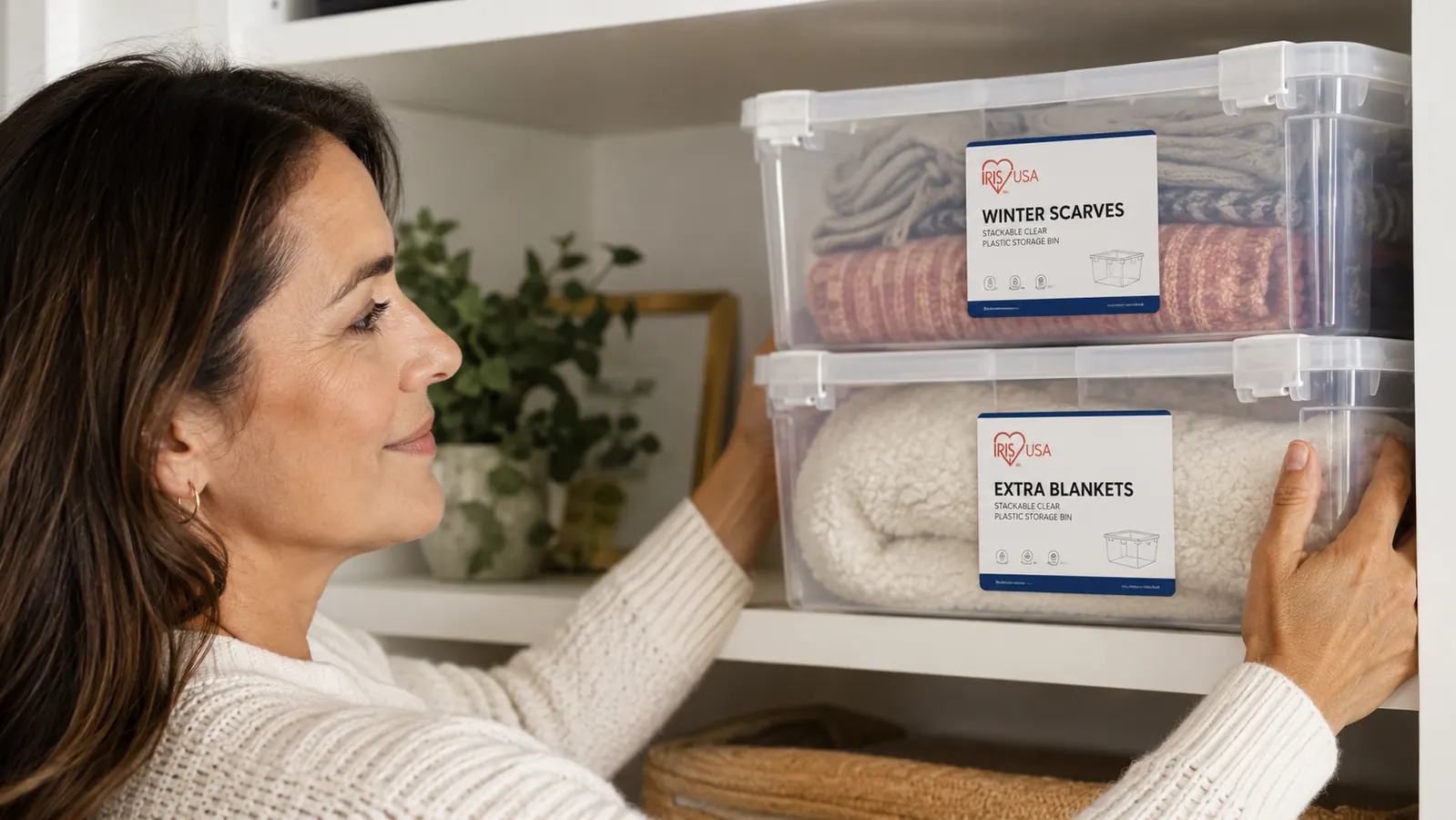 Labeled clear storage bins on a closet shelf with a handwritten label visible on the front of each bin