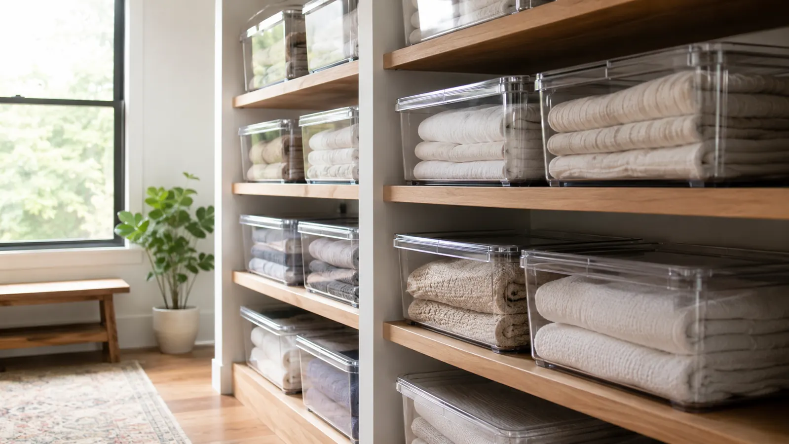 A neatly organized closet with rows of clear stackable storage bins on shelves, warm natural light coming through a window