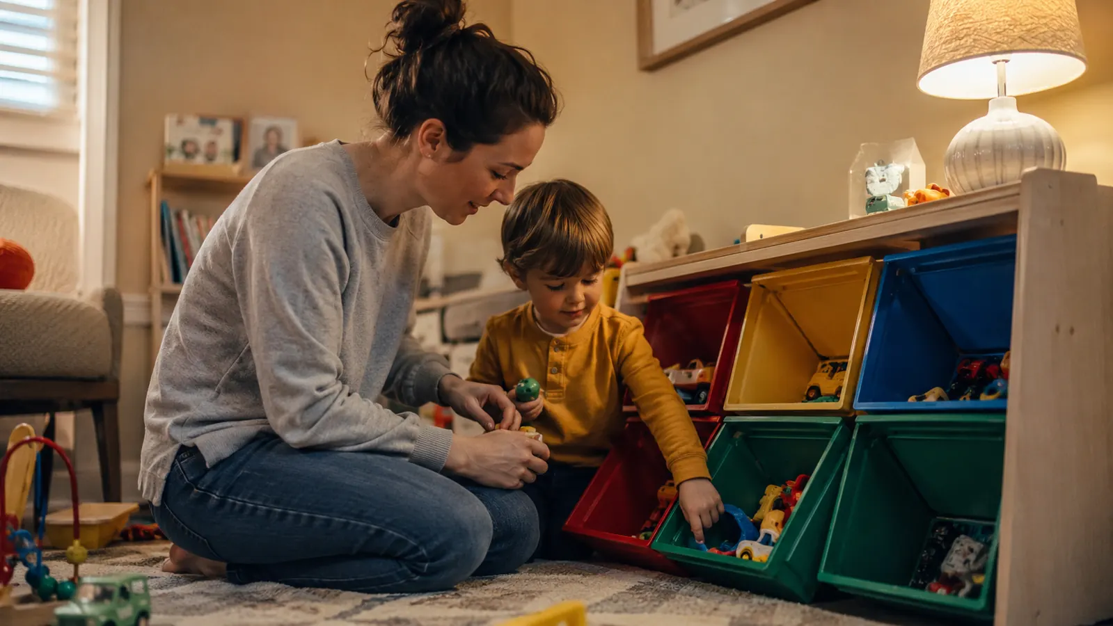 Parent and child doing a quick cleanup together, dropping toys into open bins in a playroom