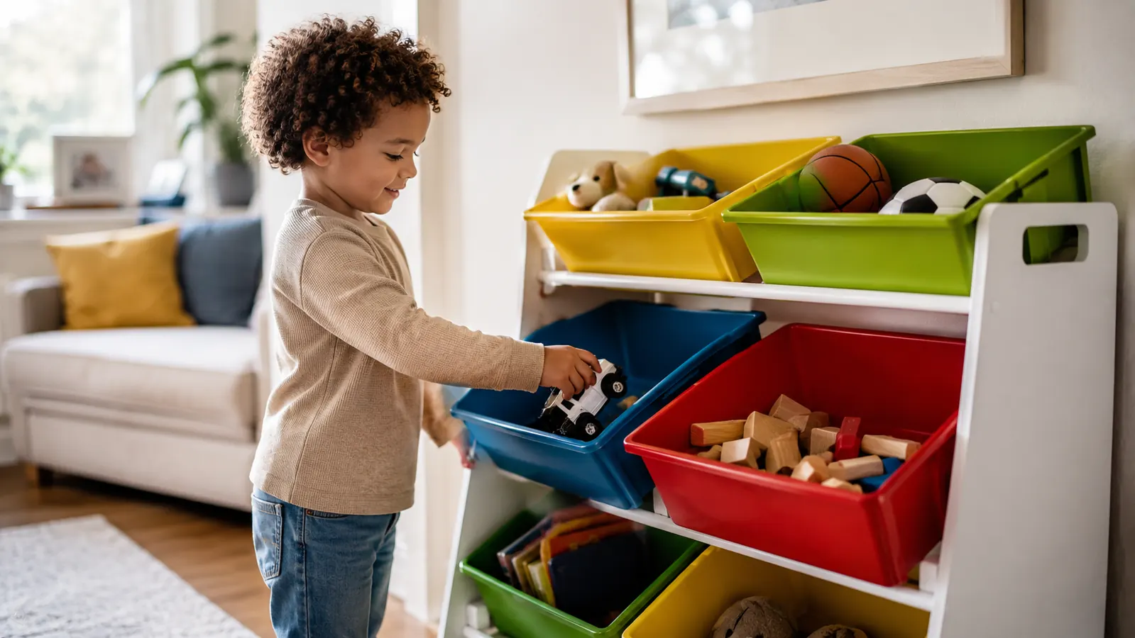 Tidy living room corner with a colorful toy storage organizer and neatly sorted bins of toys