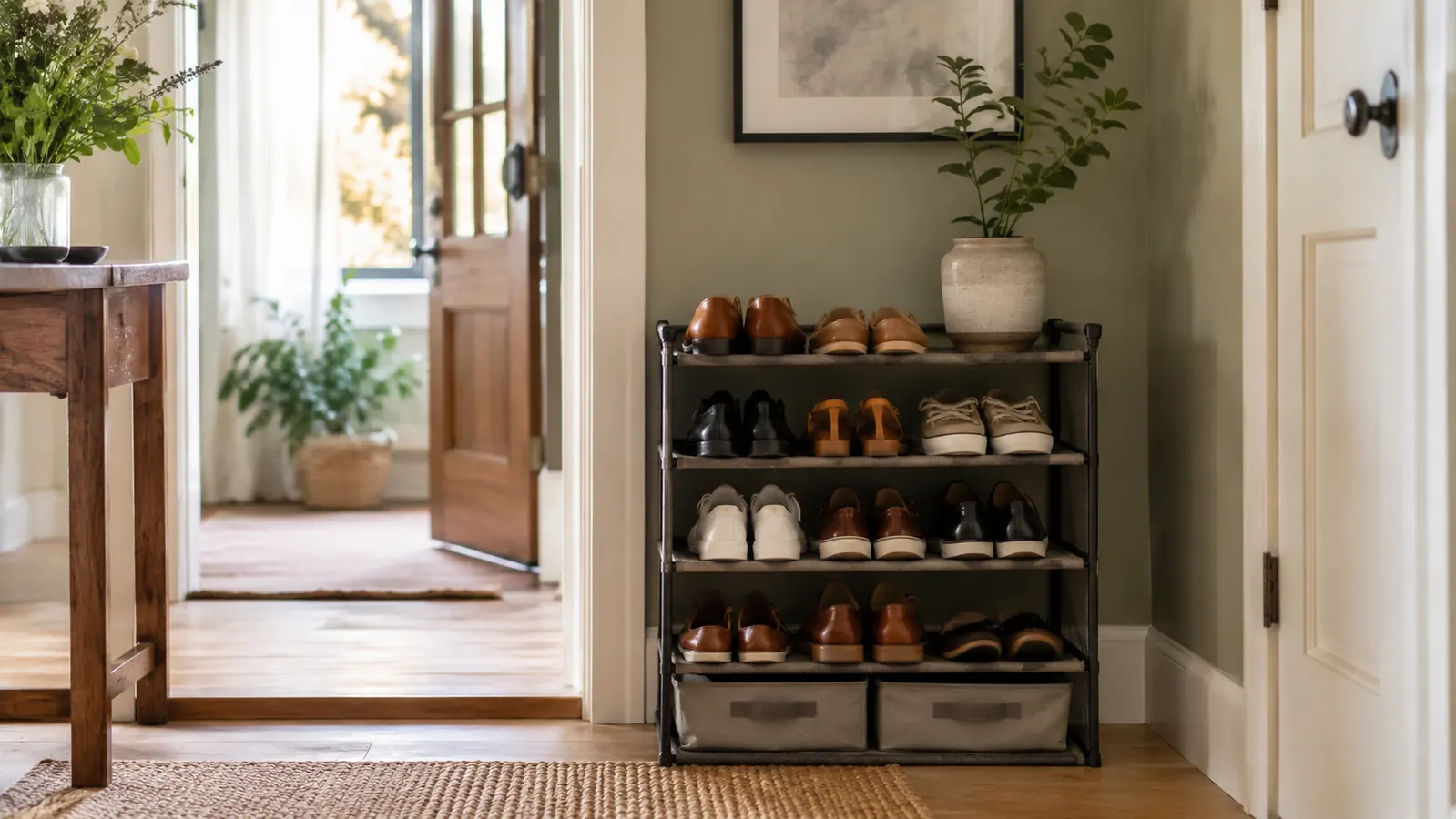 Calm, tidy entryway with shoes neatly arranged on a fabric-covered rack beside the front door, warm morning light coming through a window