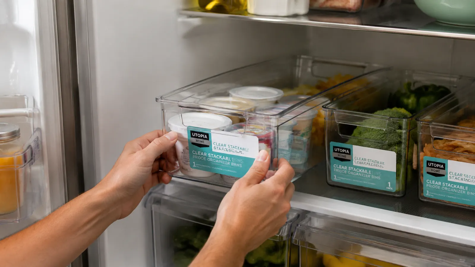 Hands placing clear fridge organizer bin onto a refrigerator shelf next to similar bins already in place