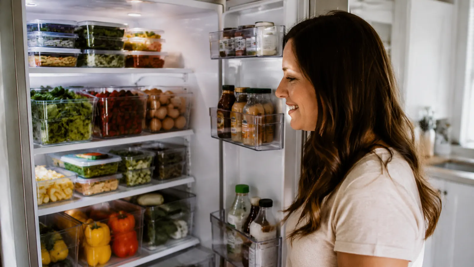 Smiling woman looking into an organized refrigerator with clear bins on every shelf