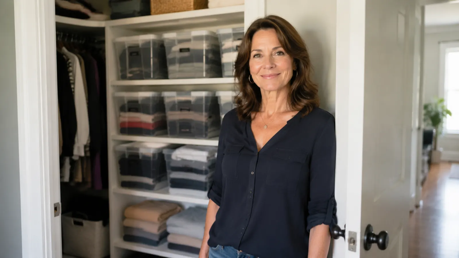 A woman in her 50s smiling at the entrance of a tidy organized hallway closet