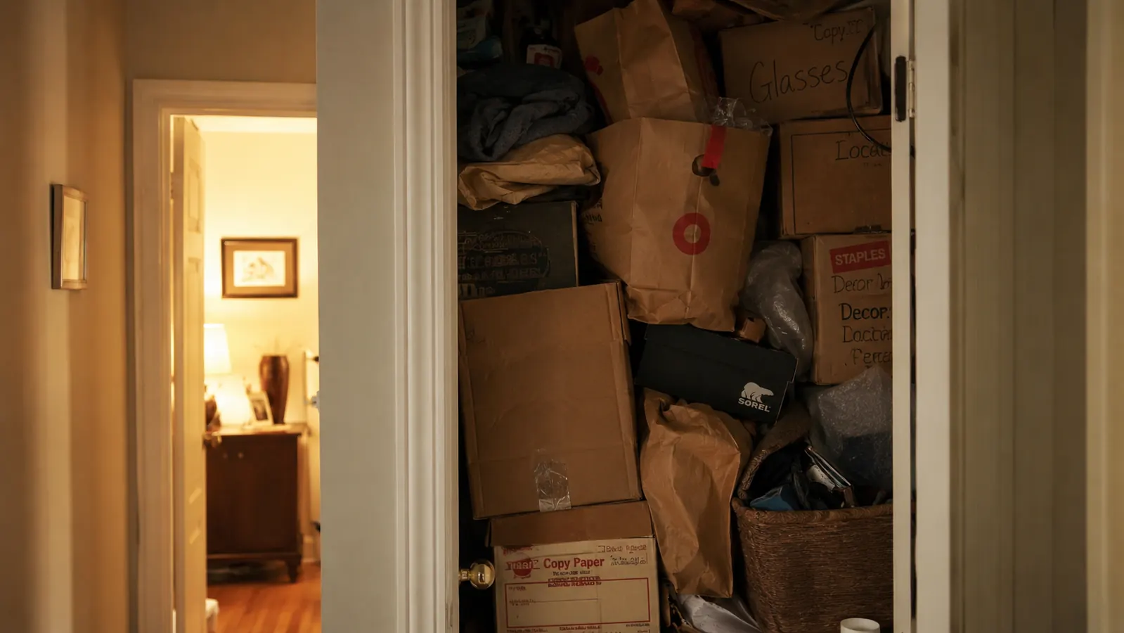 A deep hallway closet packed floor to ceiling with mismatched boxes and overflowing bags, warm morning light from a nearby window