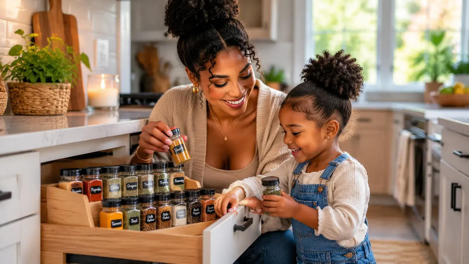 Mom and child in bright kitchen, mom reaching calmly into an open organized spice drawer