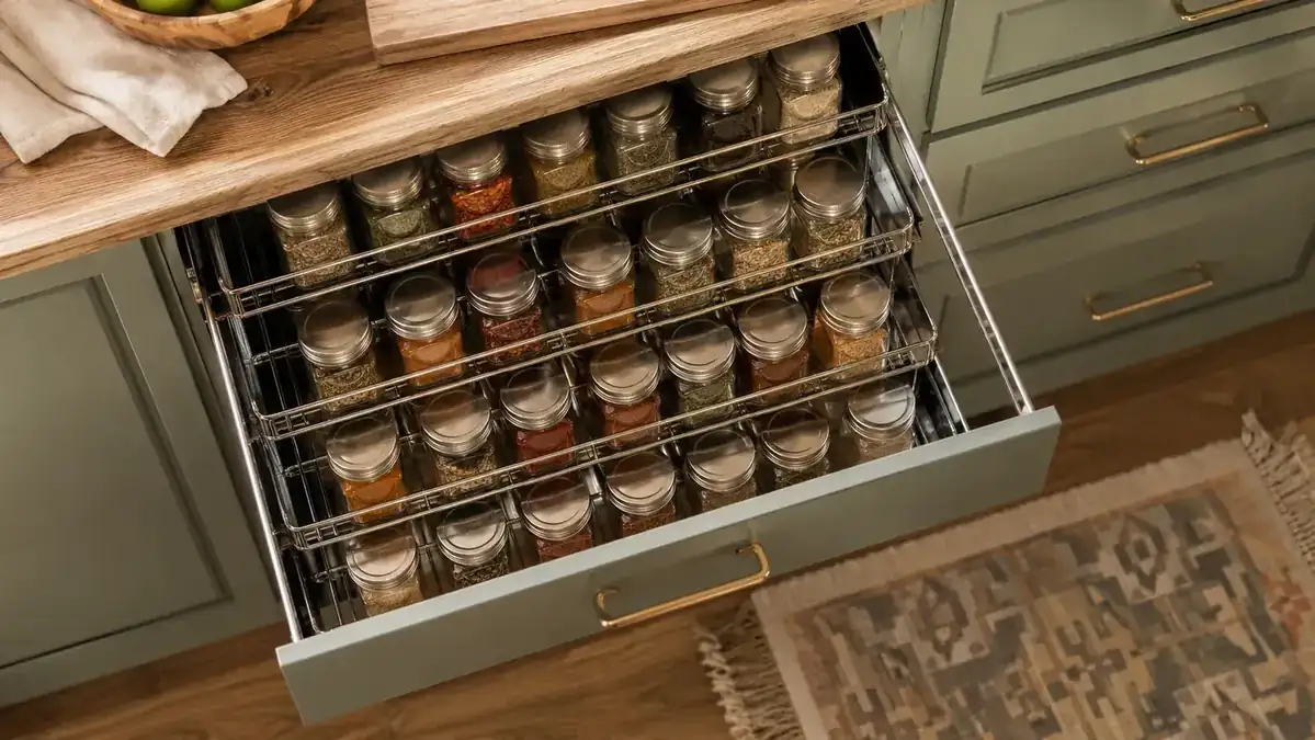 Organized kitchen drawer with tiered steel spice rack holding neatly labeled spice jars in rows