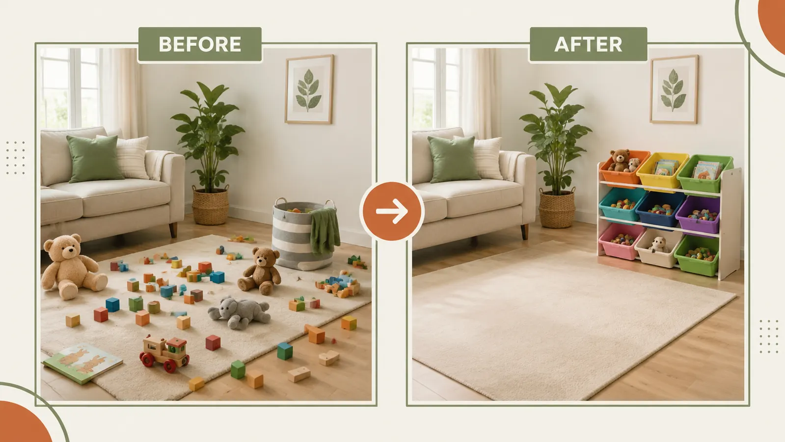 Before and after split of a living room floor covered in toys on the left versus a clean floor with organized bins on the right