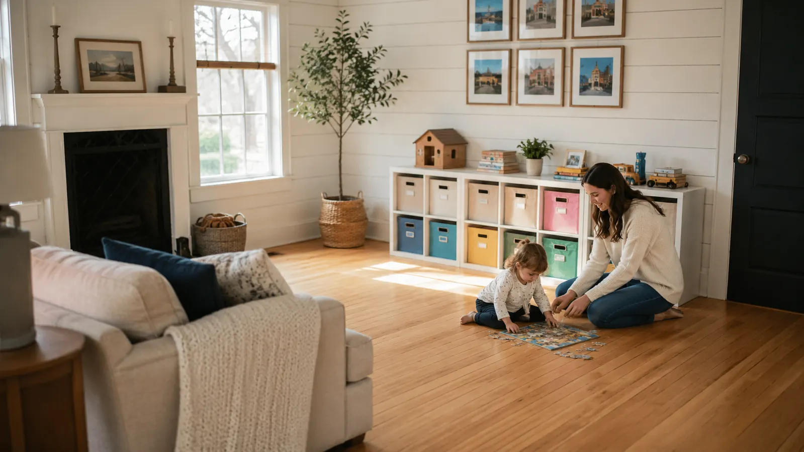 Bright family living room with colorful toy bins on a wood-frame organizer against a white wall, floor completely clear