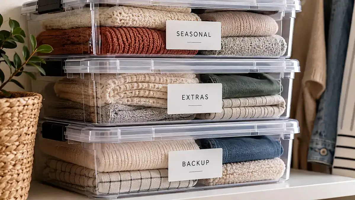 Three clear stackable bins labeled with white labels on a closet shelf, contents visible through the clear walls