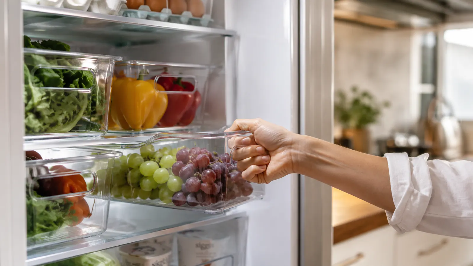 Family member easily pulling a clear fridge bin from the refrigerator to set on a kitchen counter