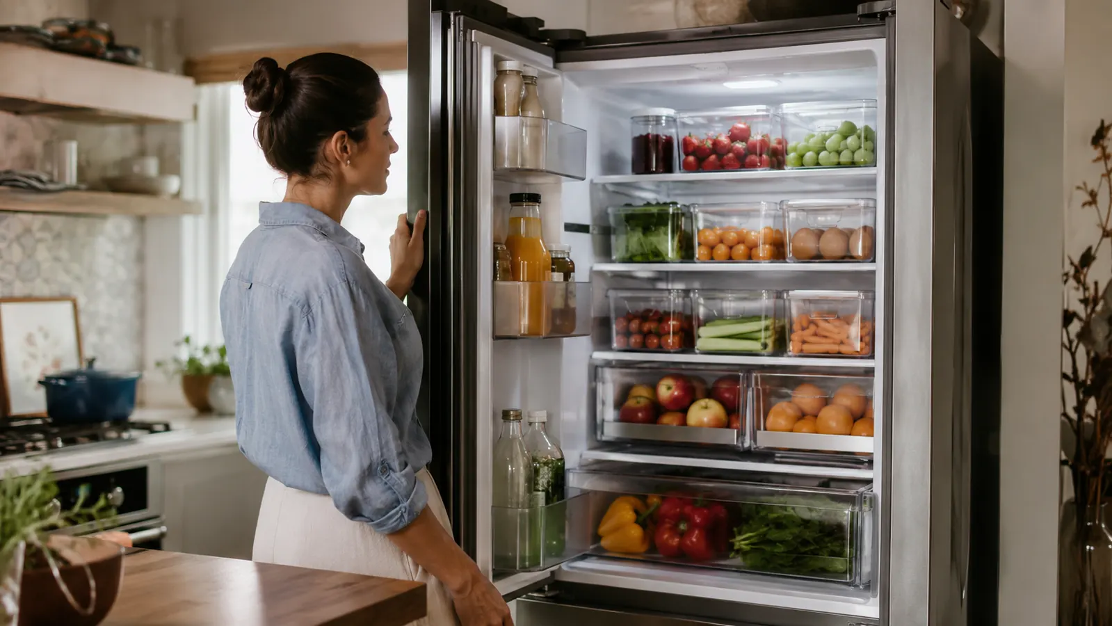 Clean refrigerator interior with clear organized bins sorted by food category on each shelf