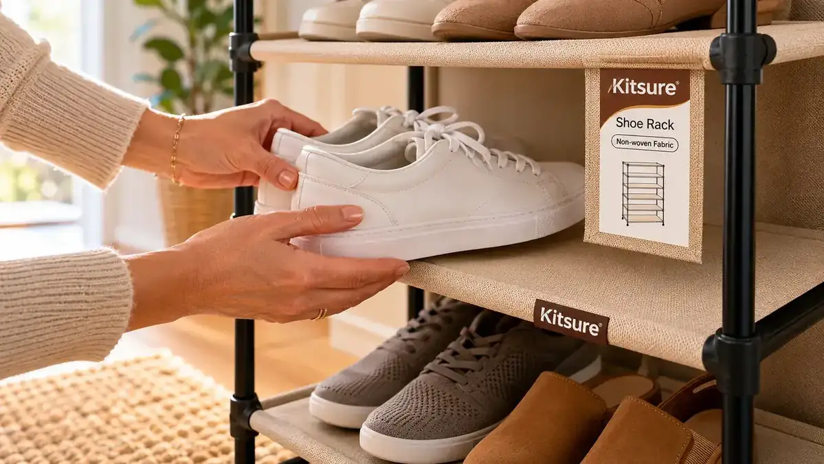 Hands placing a pair of sneakers onto a shoe rack shelf in an entryway