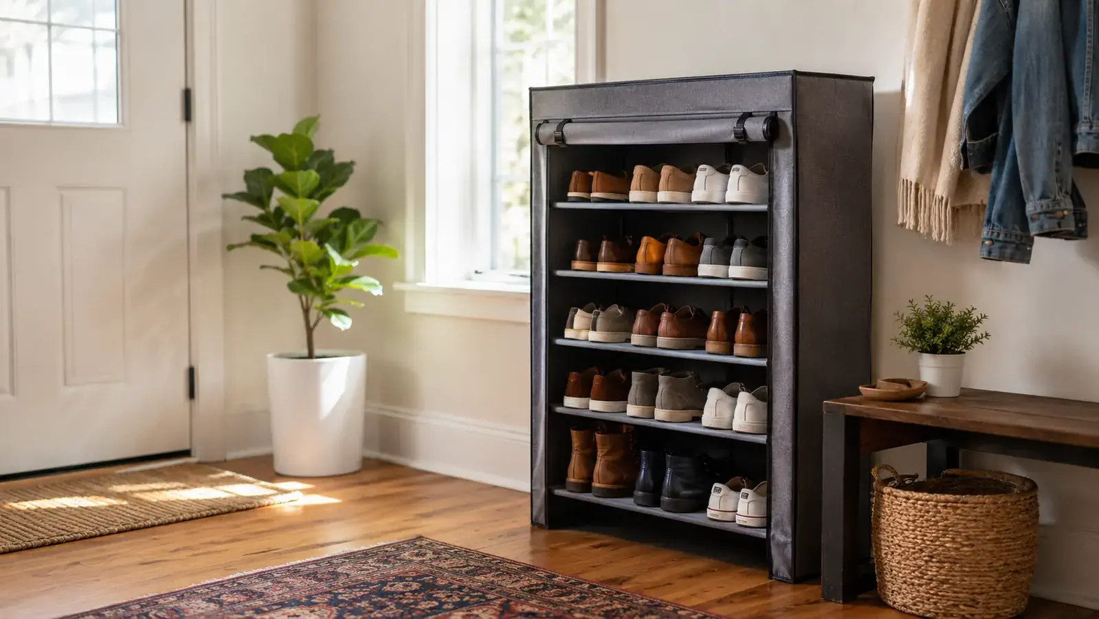 Clean entryway with organized shoes on a freestanding rack next to a front door