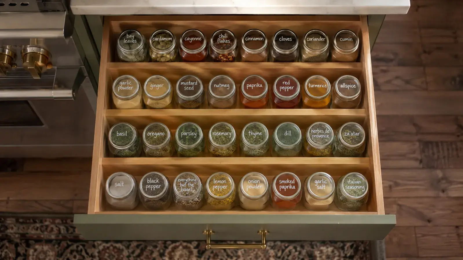 Fully organized spice drawer from above showing labeled jars arranged by cooking category on a tiered rack