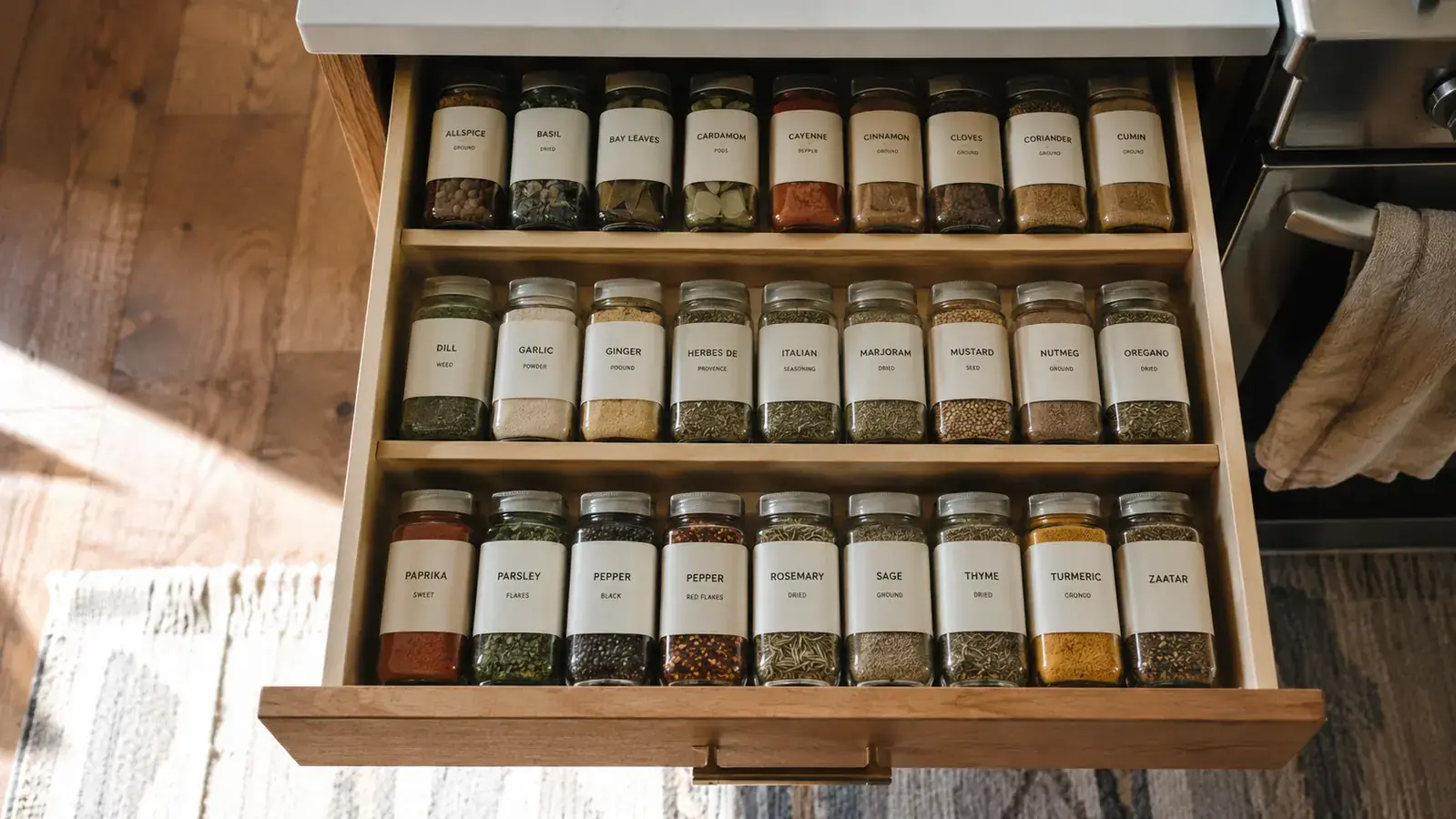 Open kitchen drawer showing neatly tiered rows of labeled spice jars in a bright, calm kitchen