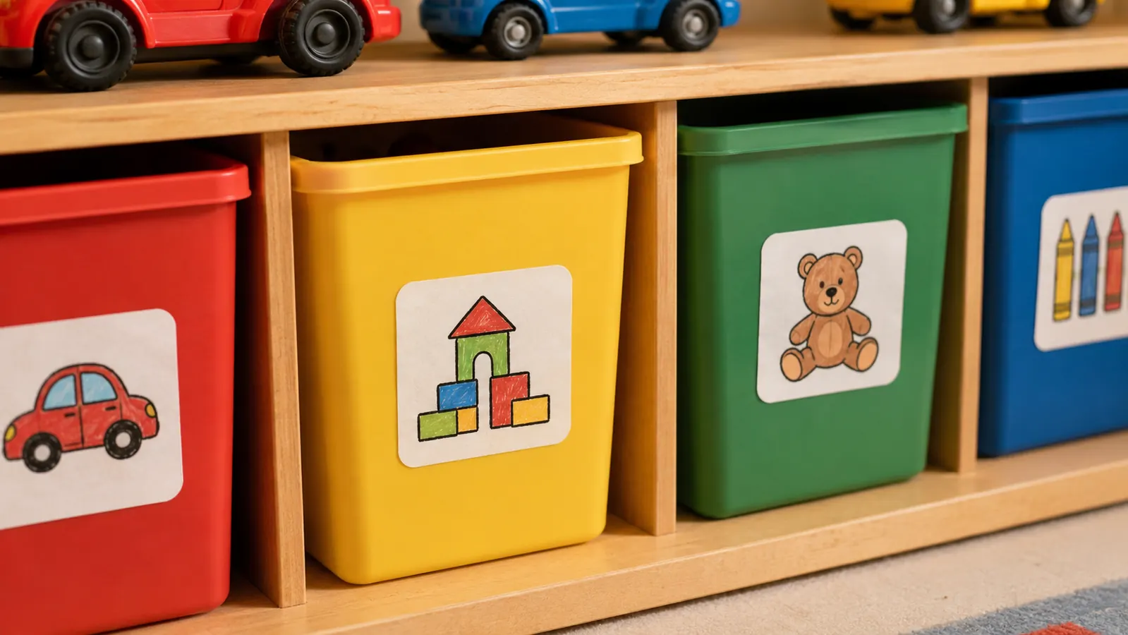 Close-up of picture labels attached to toy bins at child eye level, showing drawn icons for cars, blocks, and art supplies