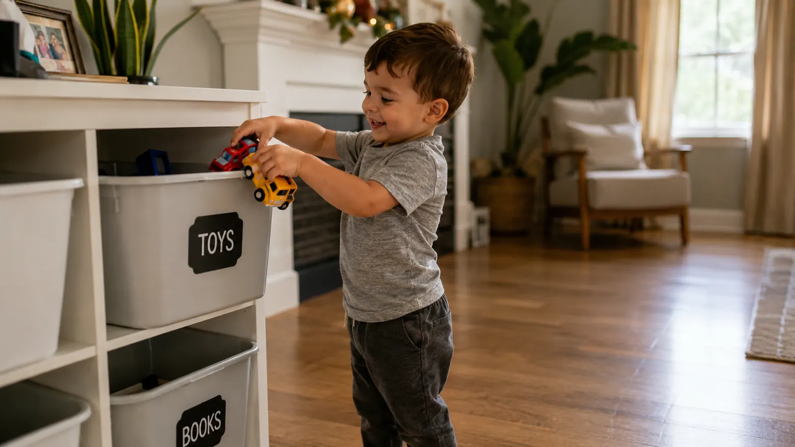 Child dropping toys into correct labeled bins during cleanup, floor is clear