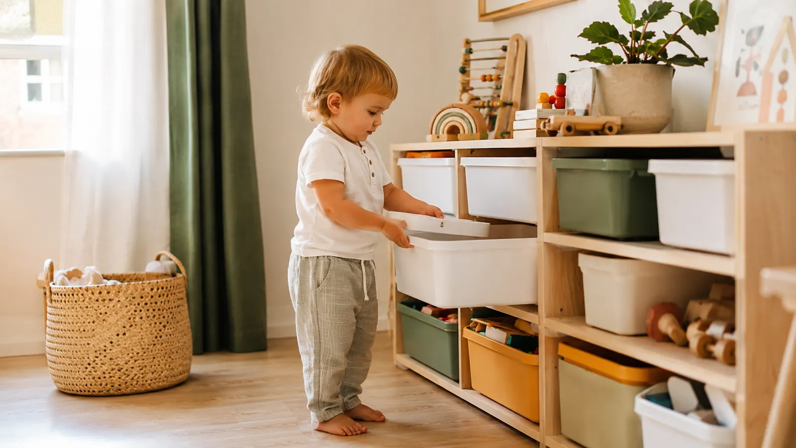 Bright, organized playroom corner with a colorful multi-bin toy organizer, bins sorted by category, child reaching for a bin