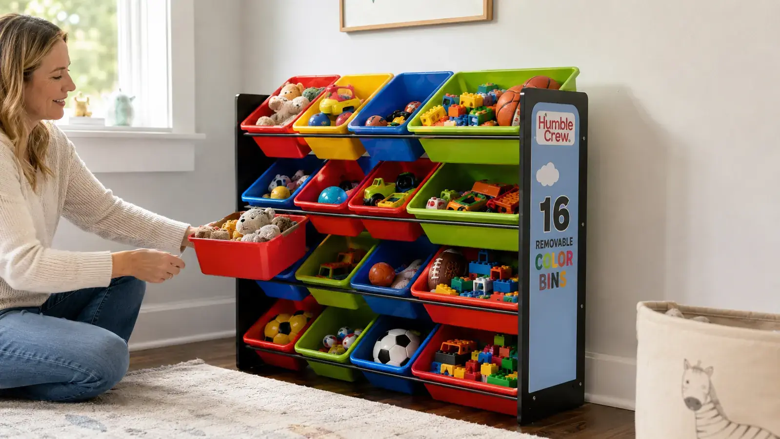 Side profile of the Humble Crew organizer fully loaded with toys showing frame lean and bin depth