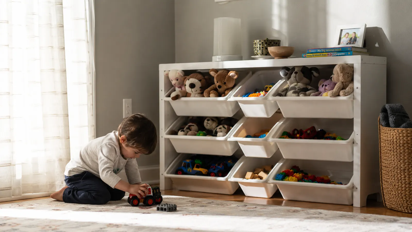 The Humble Crew 16-bin toy organizer sitting in a real family room corner with toys loaded into the bins, afternoon light
