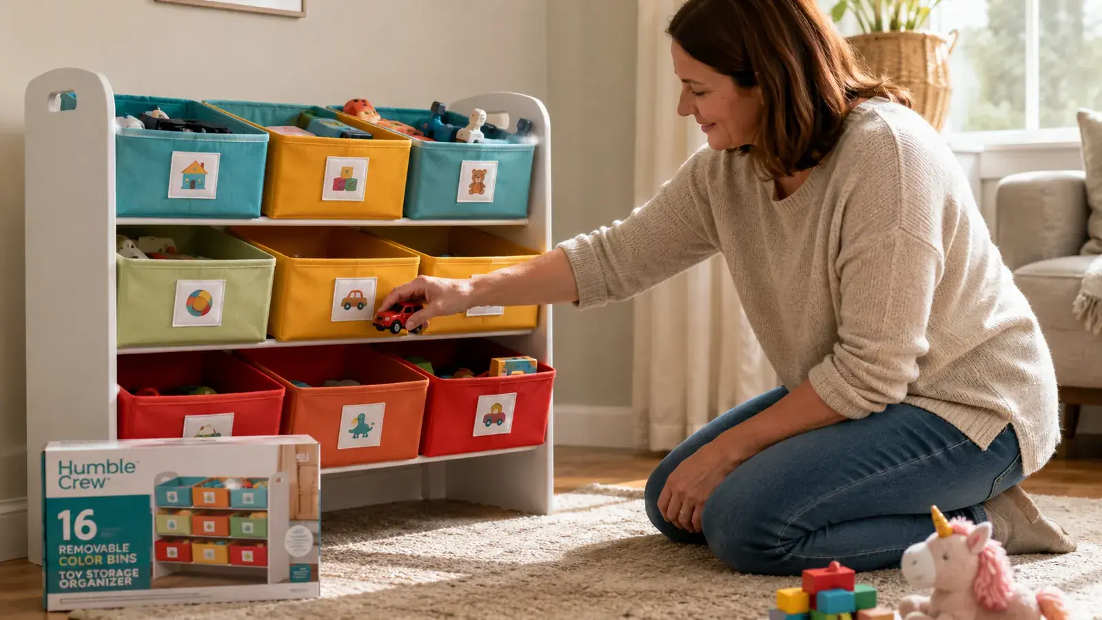 Close-up of a child dropping a toy car into a labeled Humble Crew bin on the organizer