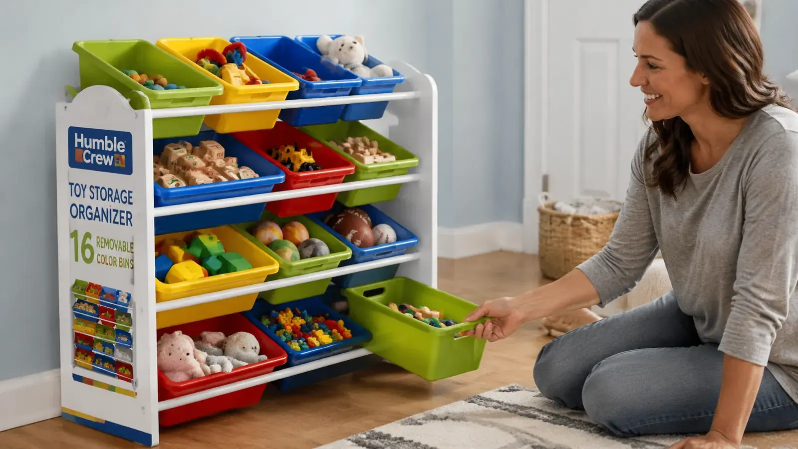 Side view of the Humble Crew organizer showing the frame stability and bin depth with toys loaded inside
