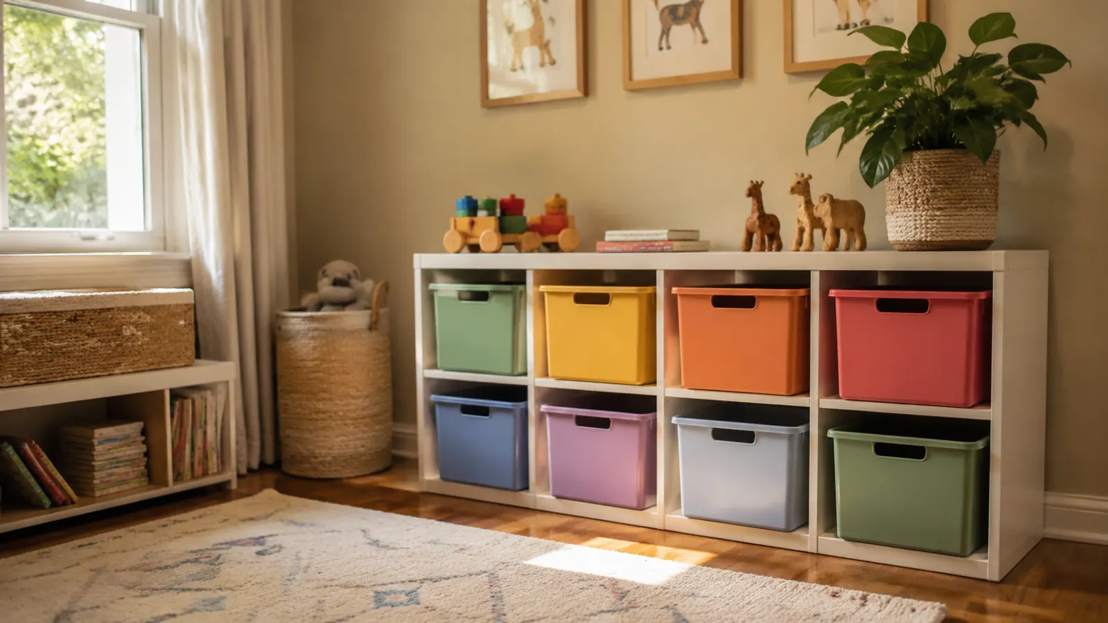 A bright, organized playroom corner with the Humble Crew toy organizer holding colorful bins, natural light coming through a nearby window