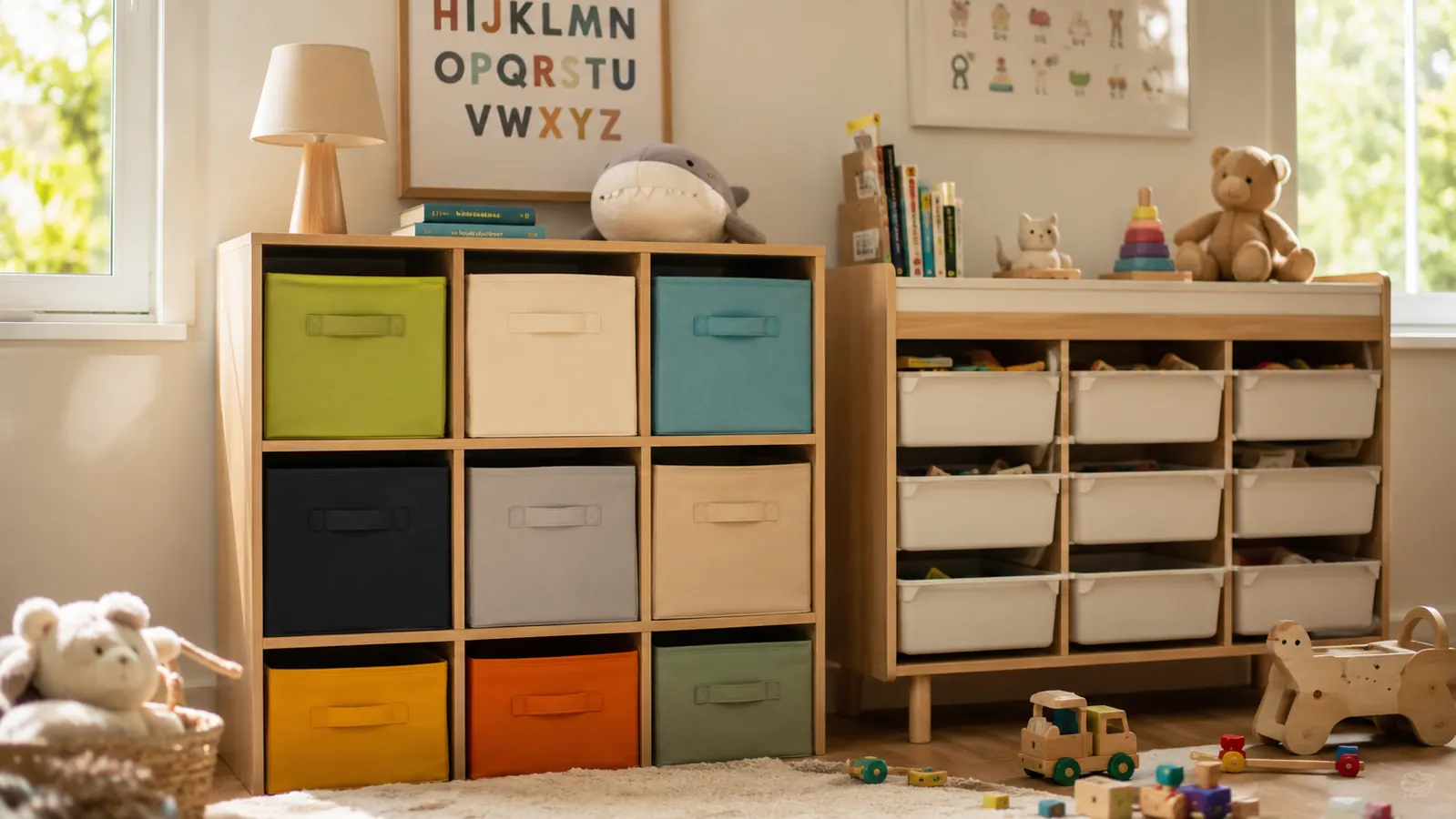 Two toy storage organizers side by side in a bright playroom with colorful bins and scattered toys on the floor