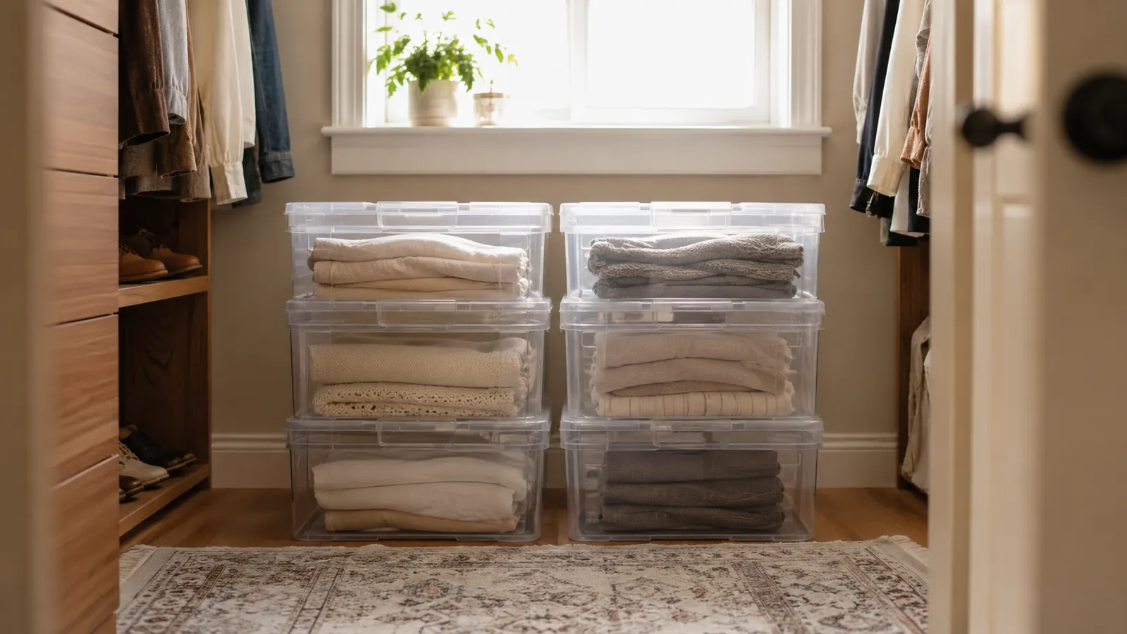 Two sets of clear stackable storage bins side by side in an organized closet, natural light, warm sage tones