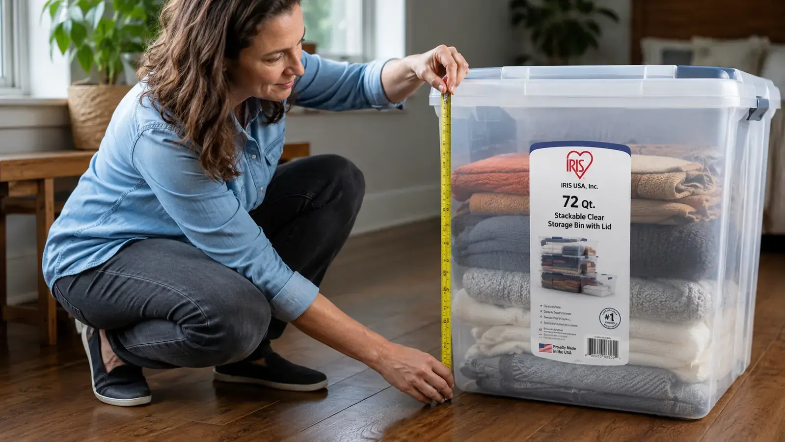 Woman measuring the exterior width of a clear plastic storage bin with a tape measure on a hardwood floor