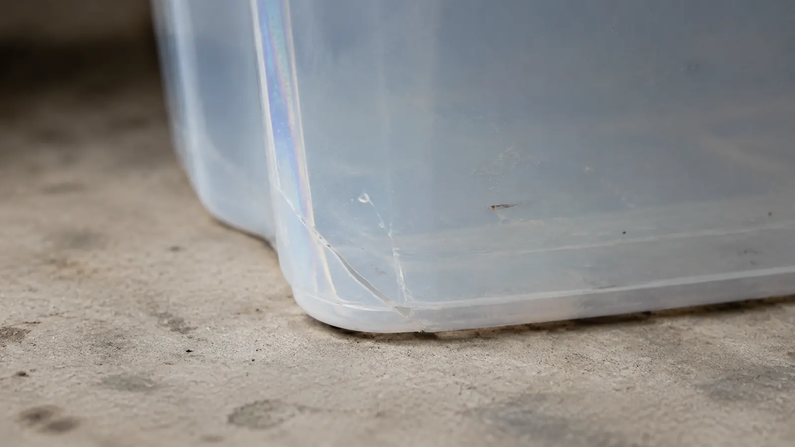 Close-up of a hairline crack at the lower corner of a clear plastic storage bin on a concrete floor