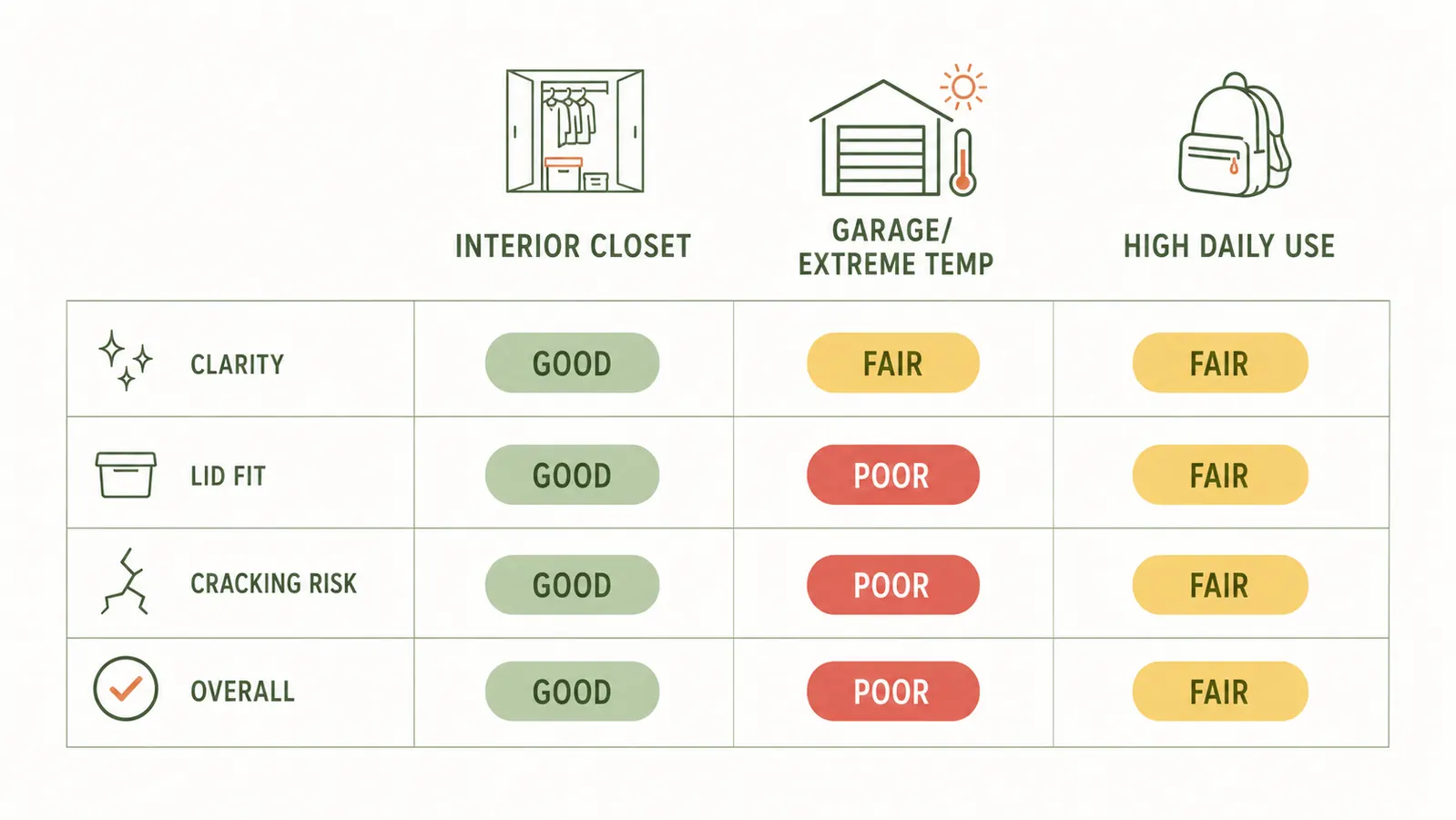 Simple chart showing clear bin performance ratings across three storage environments: interior closet, garage, and high-use daily access