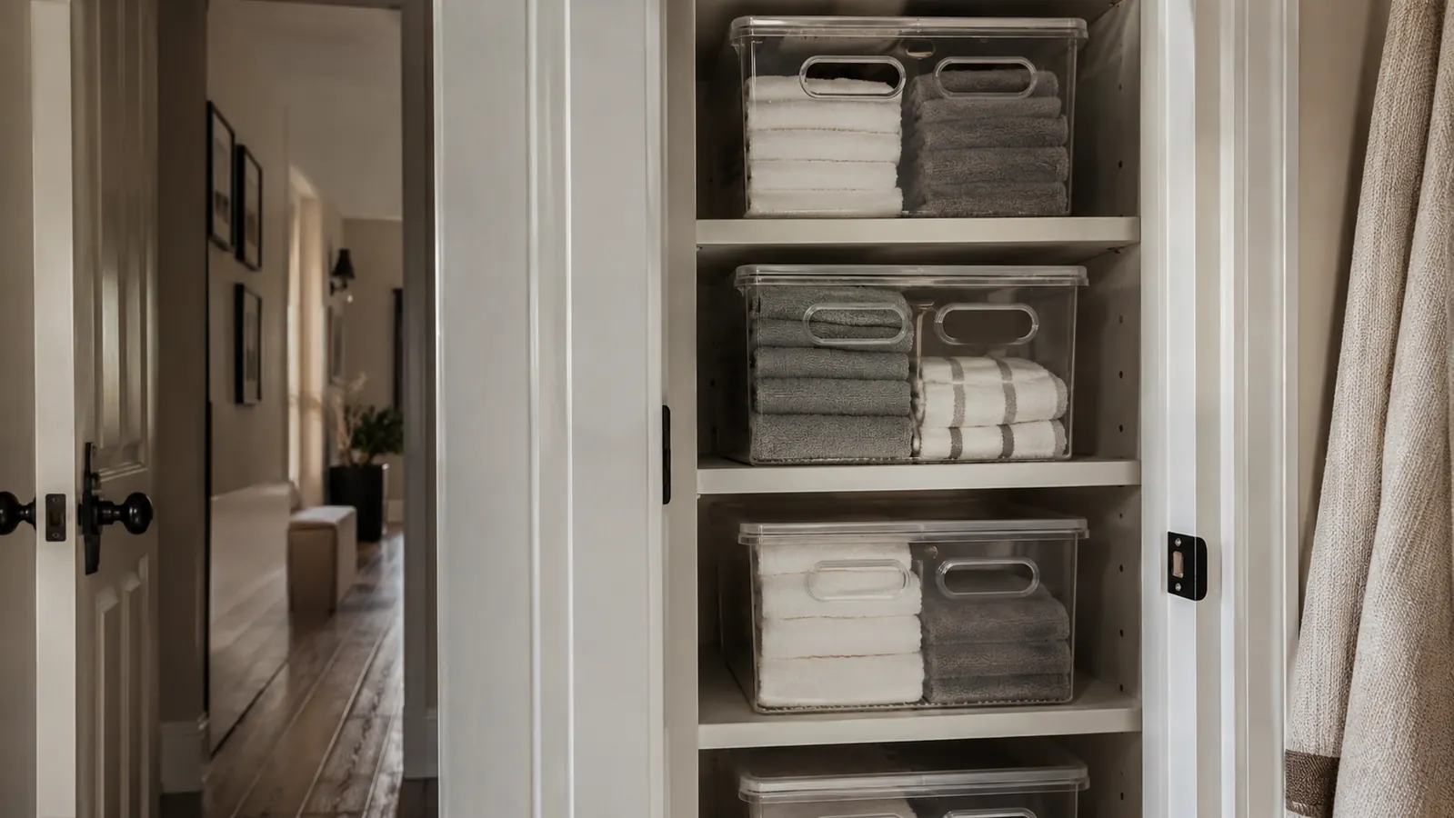Neatly stacked clear storage bins on wooden shelves inside an organized linen closet with folded towels visible inside