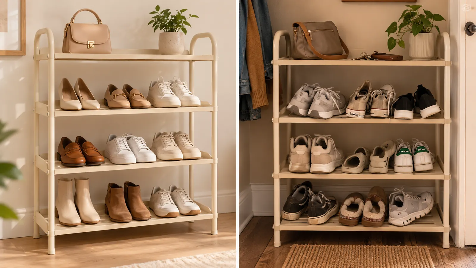 Side-by-side showing the Kitsure shoe rack in a product photo versus its real installed appearance in a narrow hallway