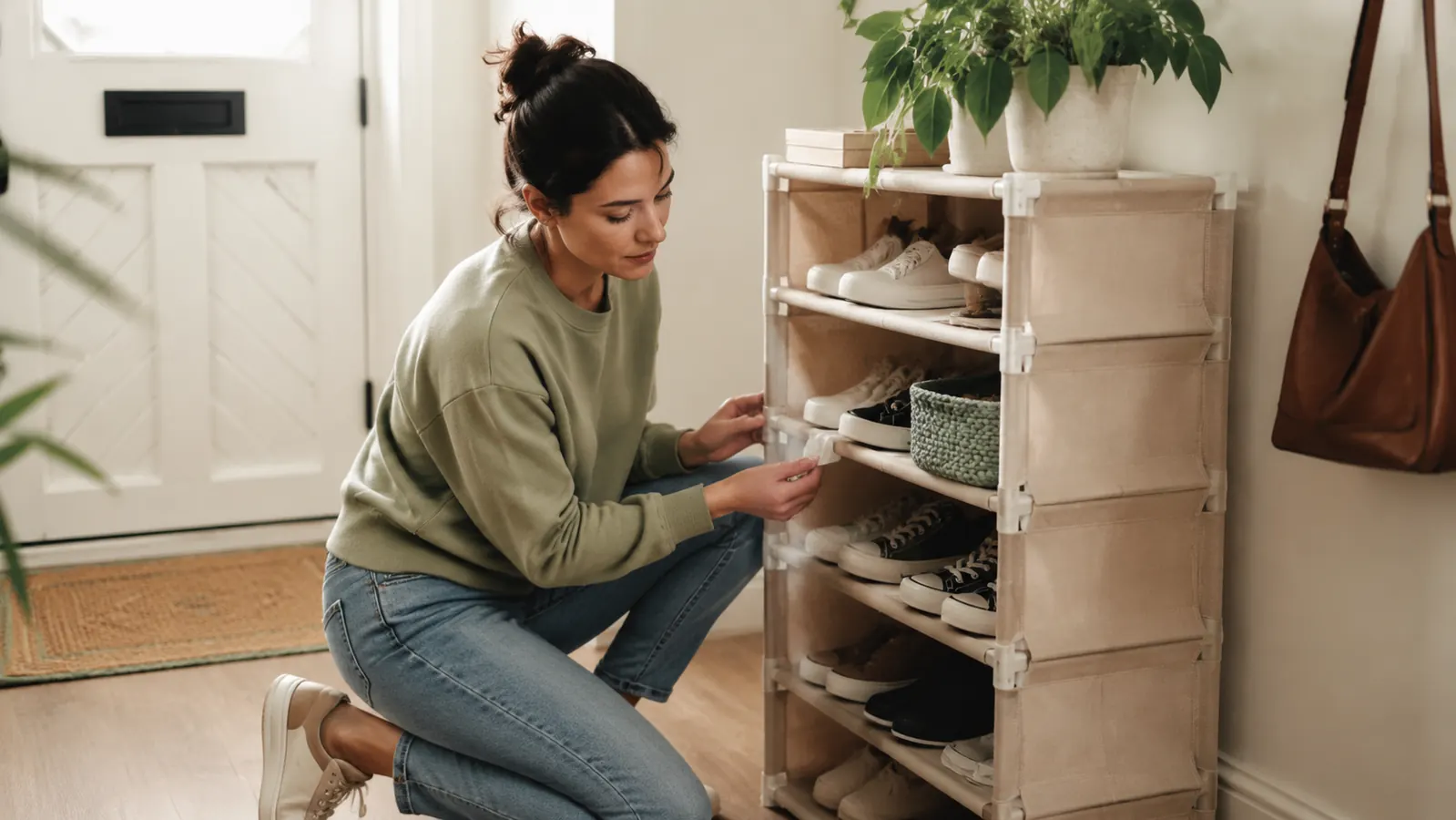 Woman examining the connector joints of a beige fabric-covered shoe rack in a tidy entryway