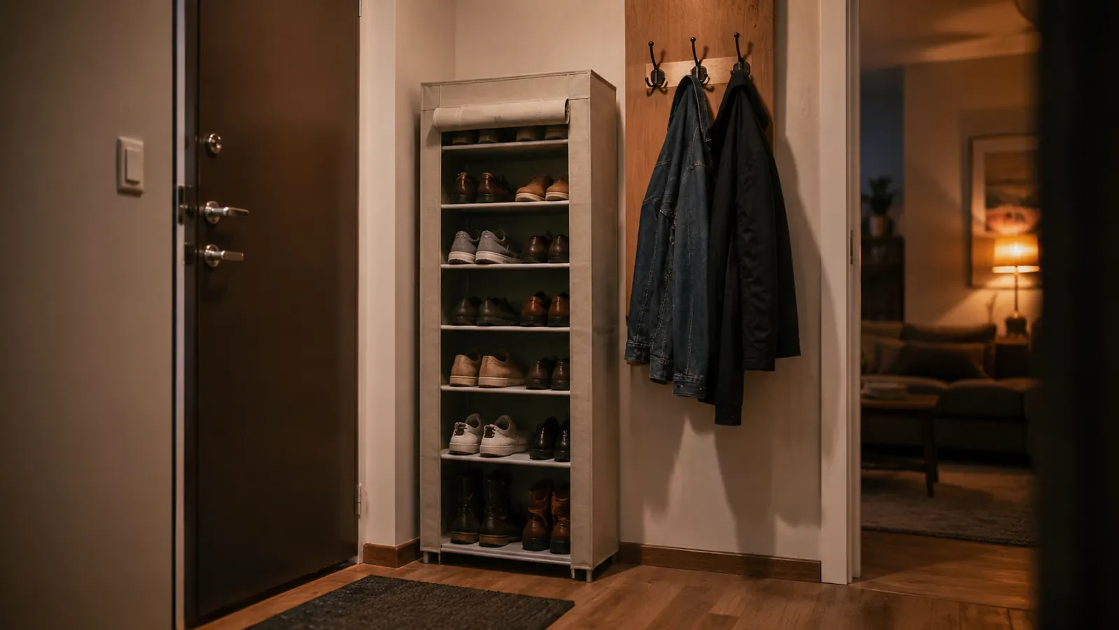 Small entryway with a shoe rack tucked beside a coat hook panel in a narrow hallway