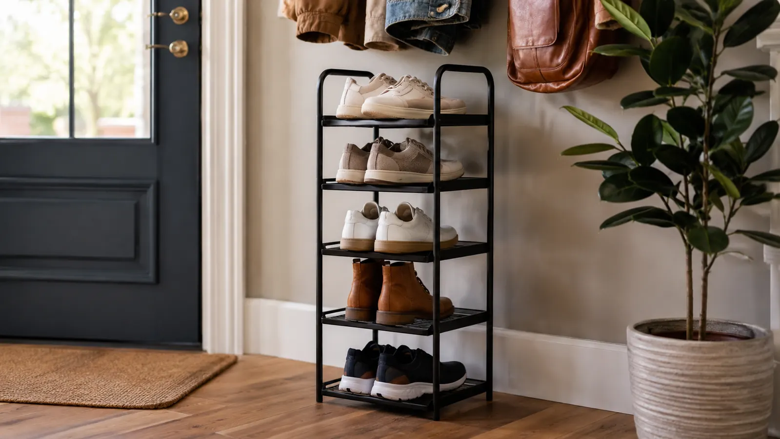 Neat entryway with a fabric-covered shoe rack holding six pairs of shoes beside a front door on a warm wood floor