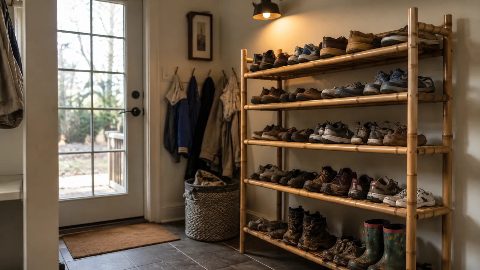 Open bamboo-shelf shoe rack near a mudroom door with family footwear on multiple levels