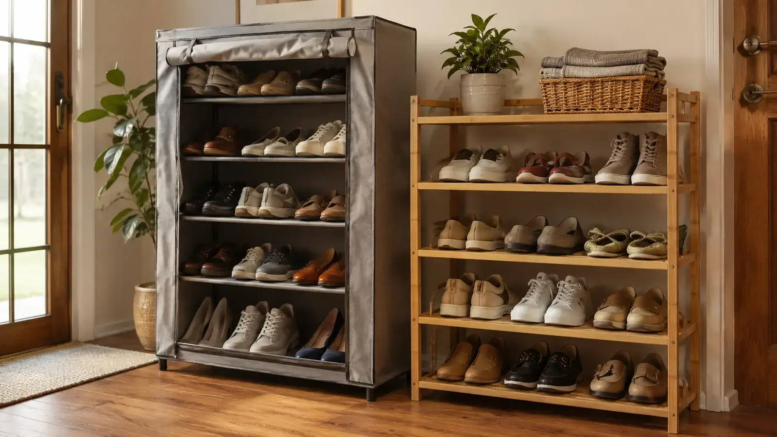 Tidy entryway with a fabric-covered shoe rack beside an open-shelf rack for comparison