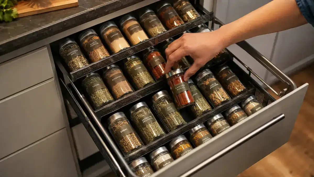 Open kitchen drawer with the LYNK steel rack neatly holding uniform spice jars, all labels facing up, in a well-organized modern kitchen