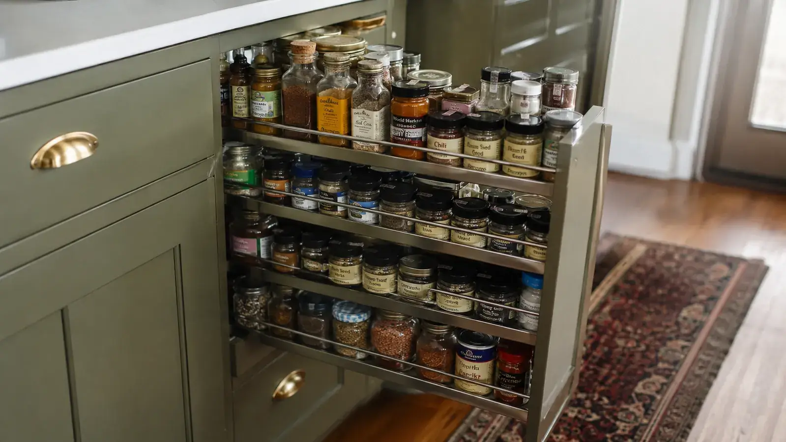 Kitchen drawer pulled fully open revealing a steel tiered spice rack with mismatched spice jars of different heights and widths, showing a real home setup