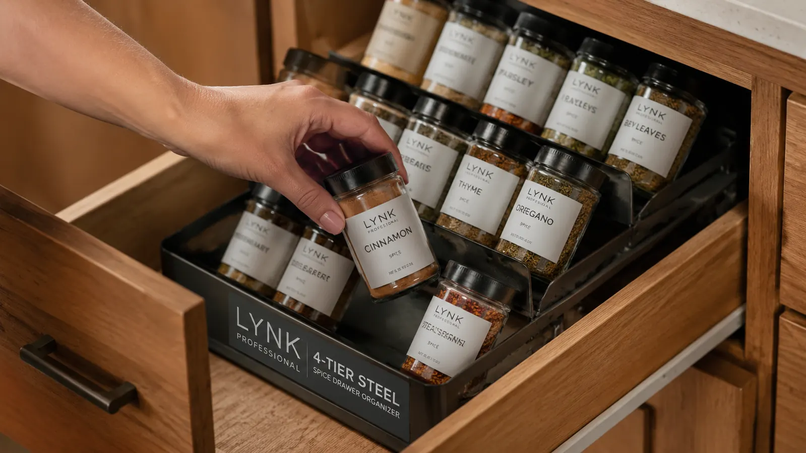 Hand placing a small spice jar into the tiered slots of a steel drawer organizer set inside a kitchen drawer